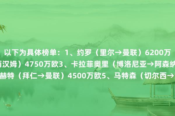 以下为具体榜单：1、约罗（里尔→曼联）6200万欧2、基尔曼（狼队→西汉姆）4750万欧3、卡拉菲奥里（博洛尼亚→阿森纳）4500万欧4、德里赫特（拜仁→曼联）4500万欧5、马特森（切尔西→维拉）4450万欧6、帕乔（法兰克福→巴黎）4000万欧7、布翁乔尔诺（齐灵→那不勒斯）3500万欧8、勒诺尔芒（皇家社会→马竞）3450万欧9、霍尔（切尔西→纽卡）3300万欧10、尼亚哈特（诺丁汉丛林→里